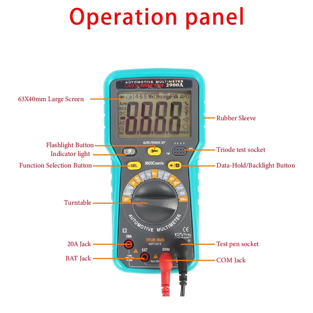 Circuit Tester Kit 2900A Digital Multimeter 6000 Counts Dwell Angle RPM Meter AC DC Voltage Current Crystal Triode hFE Parameter Automatic Gauge