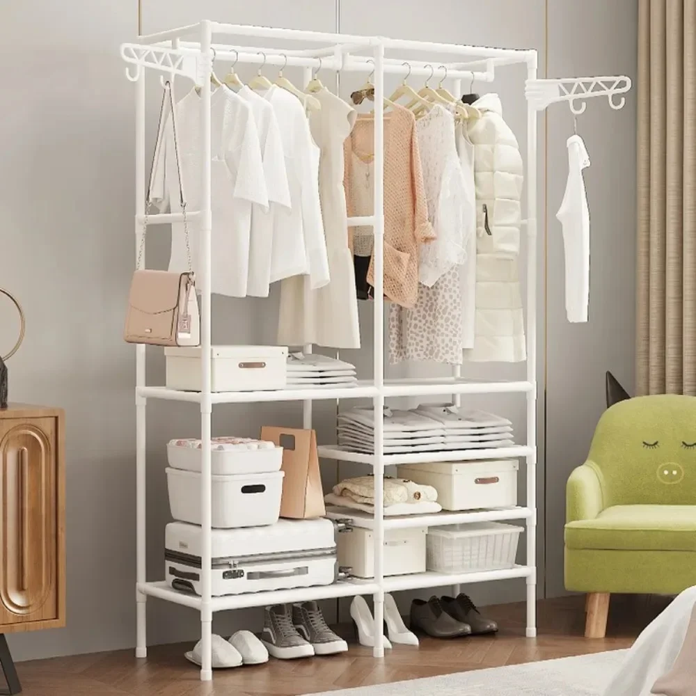 Clothes Rack Double Row Large Floor Hangers with Hanging Hooks Rods Household Simple Storage Shelf Coat and Shoes