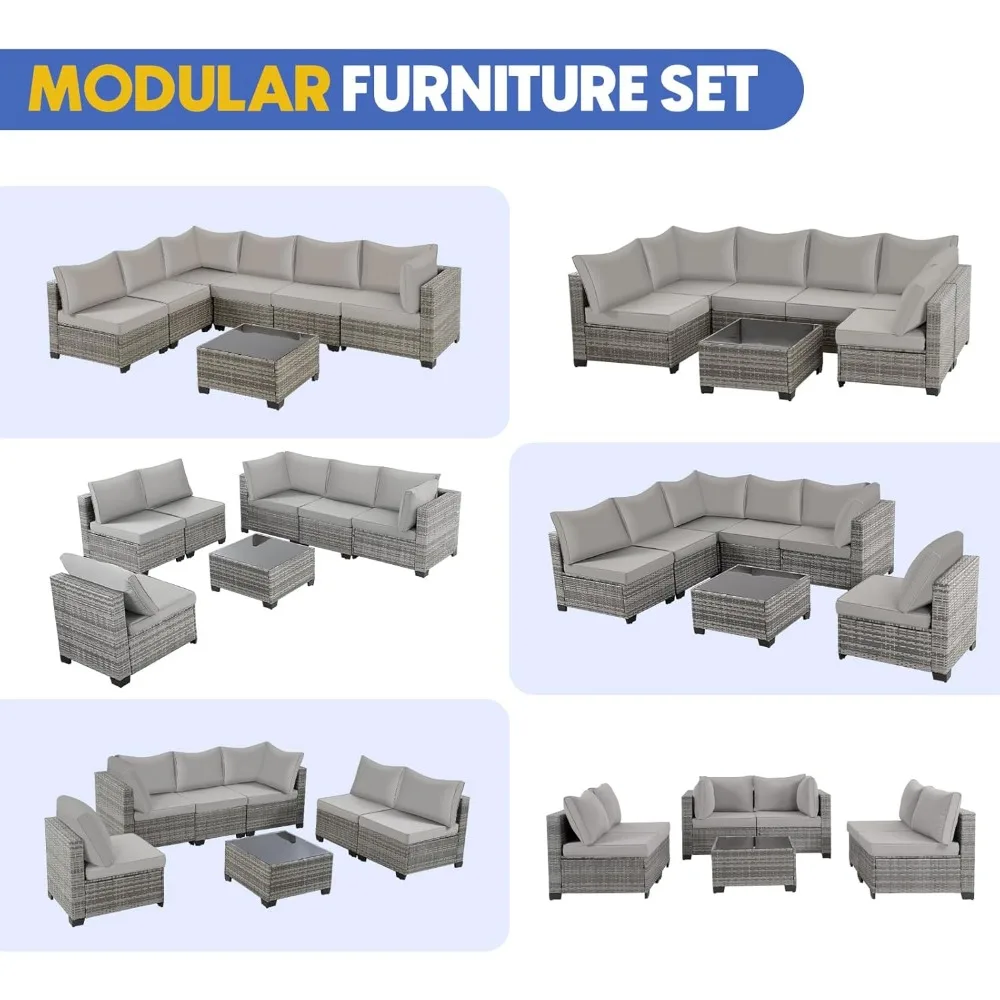 Outdoor Sectional Sofa Sets Rattan Wicker Patio Conversation Sets All Weather Patio Furniture Sets with Cushions and Glass Table 4