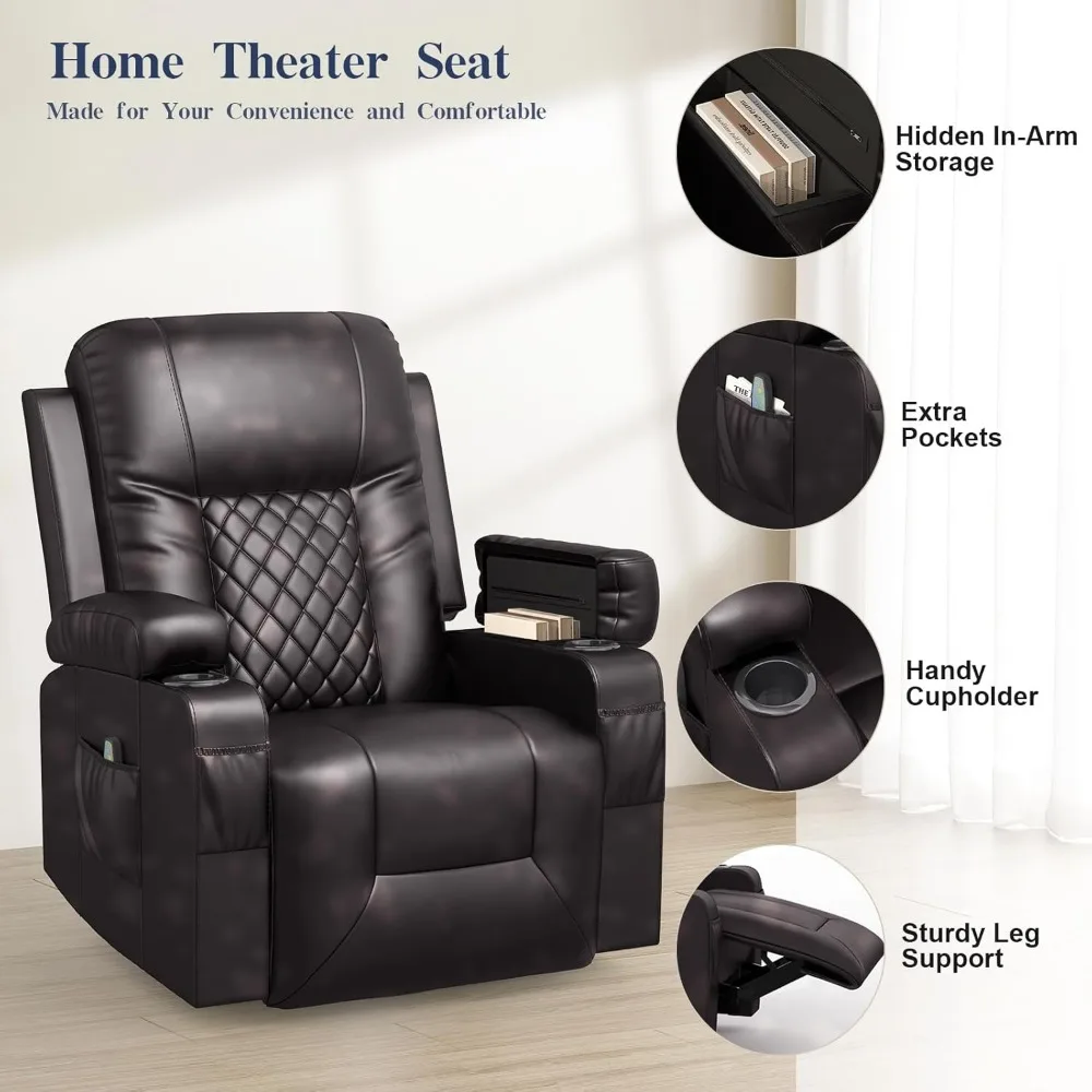 Recliner Chairs for Adults, Swivel and Rocking Recliner with Heat and Vibration, Breathable Leather Ergonomic Single Sofa Chair