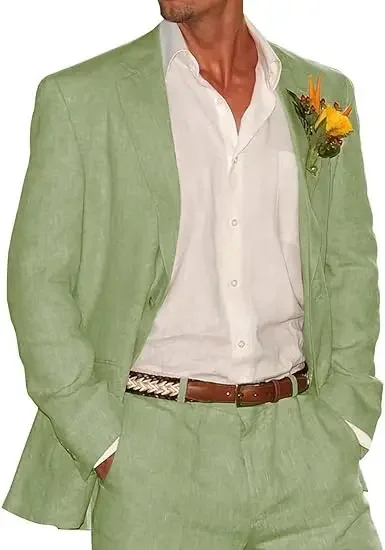 Hot Summer Sky Blue Linen Men Suit Casual Wedding Suits For Men Prom Elegant Blazer Slim Fit 2 Piece Groom Tuxedo Costume Homme