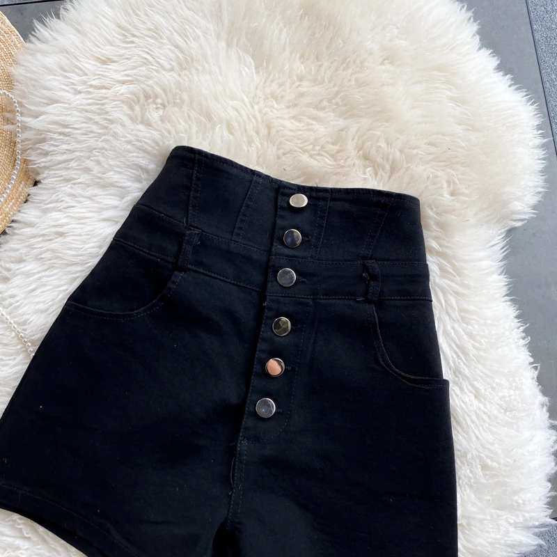 Women's Fashion Super High Waist Single Breasted Denim Shorts Black Retro Student Korean Slim and Versatile Chic Hot Pants