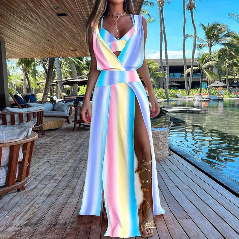 2023 New Women Holiday Fashion 2PCS Dress Sets Summer Bra Deep V-Neck  Sleeveless Slit Party Dress Outfit Streetwear Dropshipping - AliExpress
