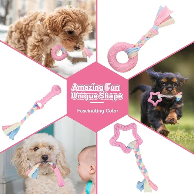 Dog Chew Toys for Cleaning Teeth Pink Soft Rubber Bone Funny Ball Interactive Donut Treat Set for Small Medium Dogs Pet Gifts 5