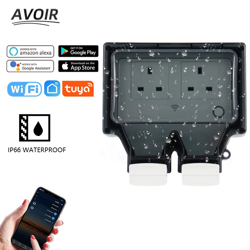 

Avoir Waterproof Electrical Sockets Tuya Smart Wifi Connected Socket Outdoor Wall Plug UK Standard With Timer Work With Alexa