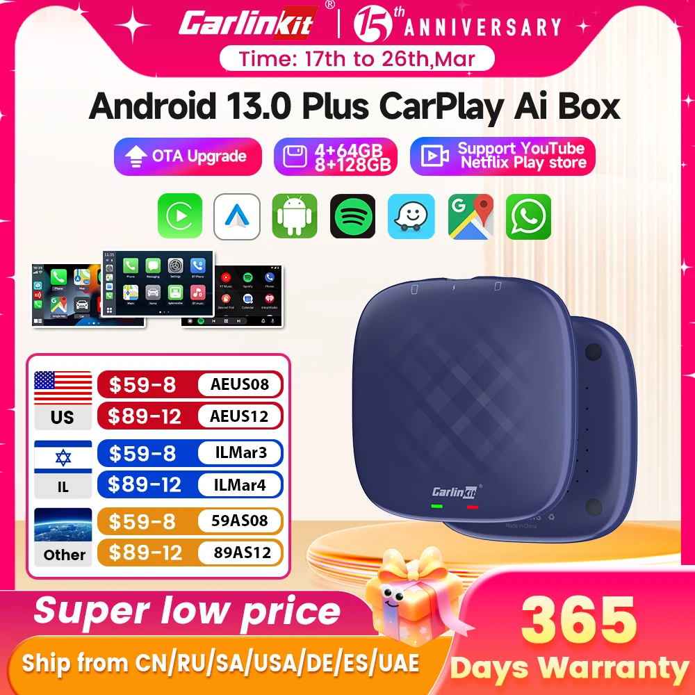 Carlinkit CarPlay Ai TV Box Plus Android13 8+128GB QCM 8-Core 665 