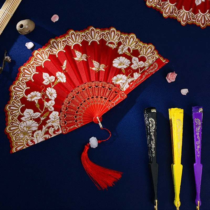 Chinese Style Folding Fan Vintage Portable Hand Held Fan Plastic Flower Printed Female Dance Art Props Decoration