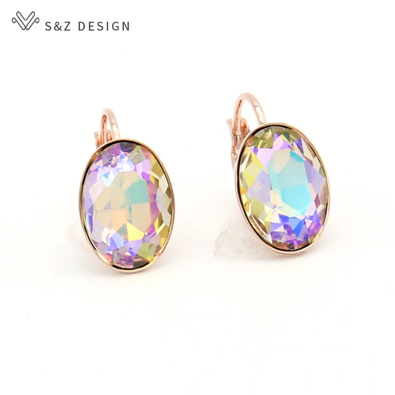 S&Z DESIGN New Trendy Elegant Big Oval Egg Shape Crystal Dangle Earrings For Women Wedding 585 Rose Gold Color Jewelry