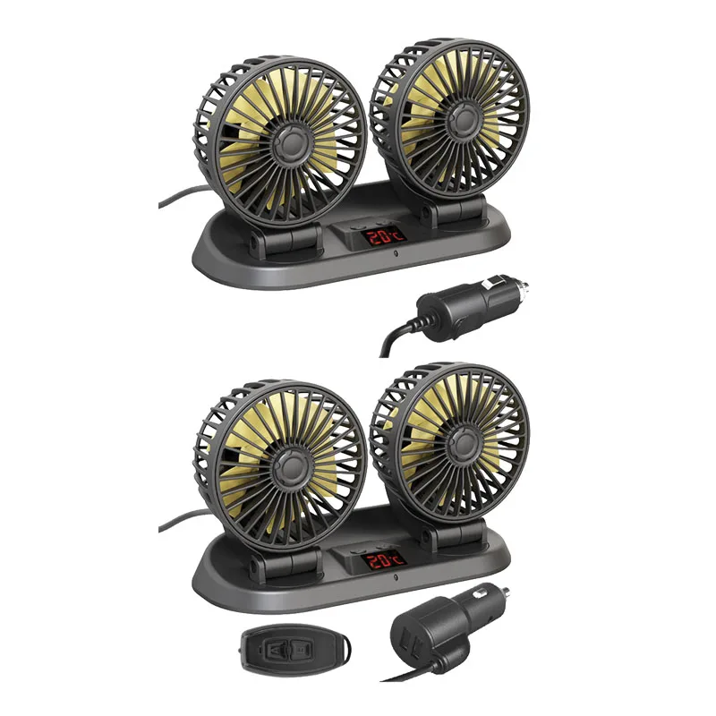 Car Double Head Folding Fan 12V/24V 360 Rotation Adjustment Cigarette Lighter Interface Remote Control Temperature Display Fan electric fan,car fan