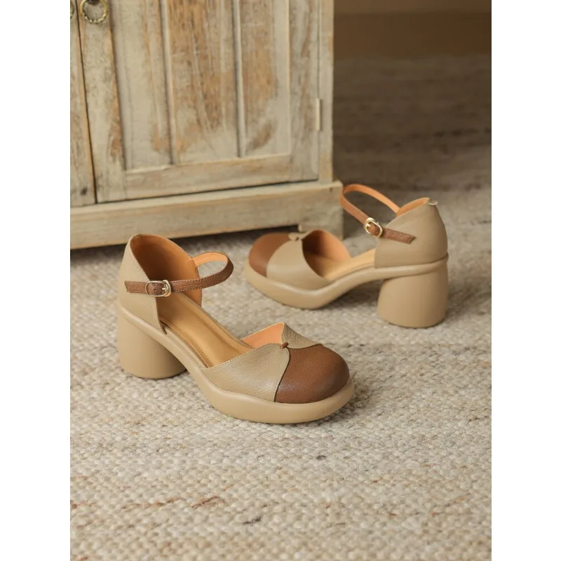 Retro genuine leather hollowed out high thick heels with thick soles, one line buckle, wrapped toe sandals for women