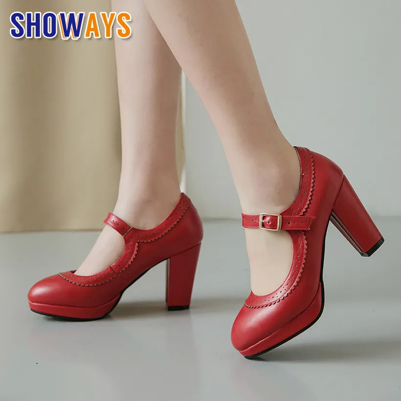 

Big Size 45 Sweet Mary Janes High Block Heels Red Nude Black Fretwork Wedding Party Office Ladies Round Toe Women Platform Pumps