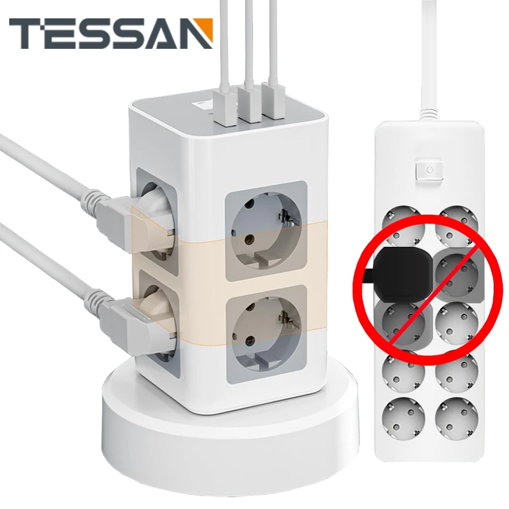 Prolunga Per Presa Di Corrente A Torre Tessan Con Prese Multi Ac 3 Porte Usb, Presa Di Prolunga Per Spina Ue Con Cavo Di Prolunga Da 2M