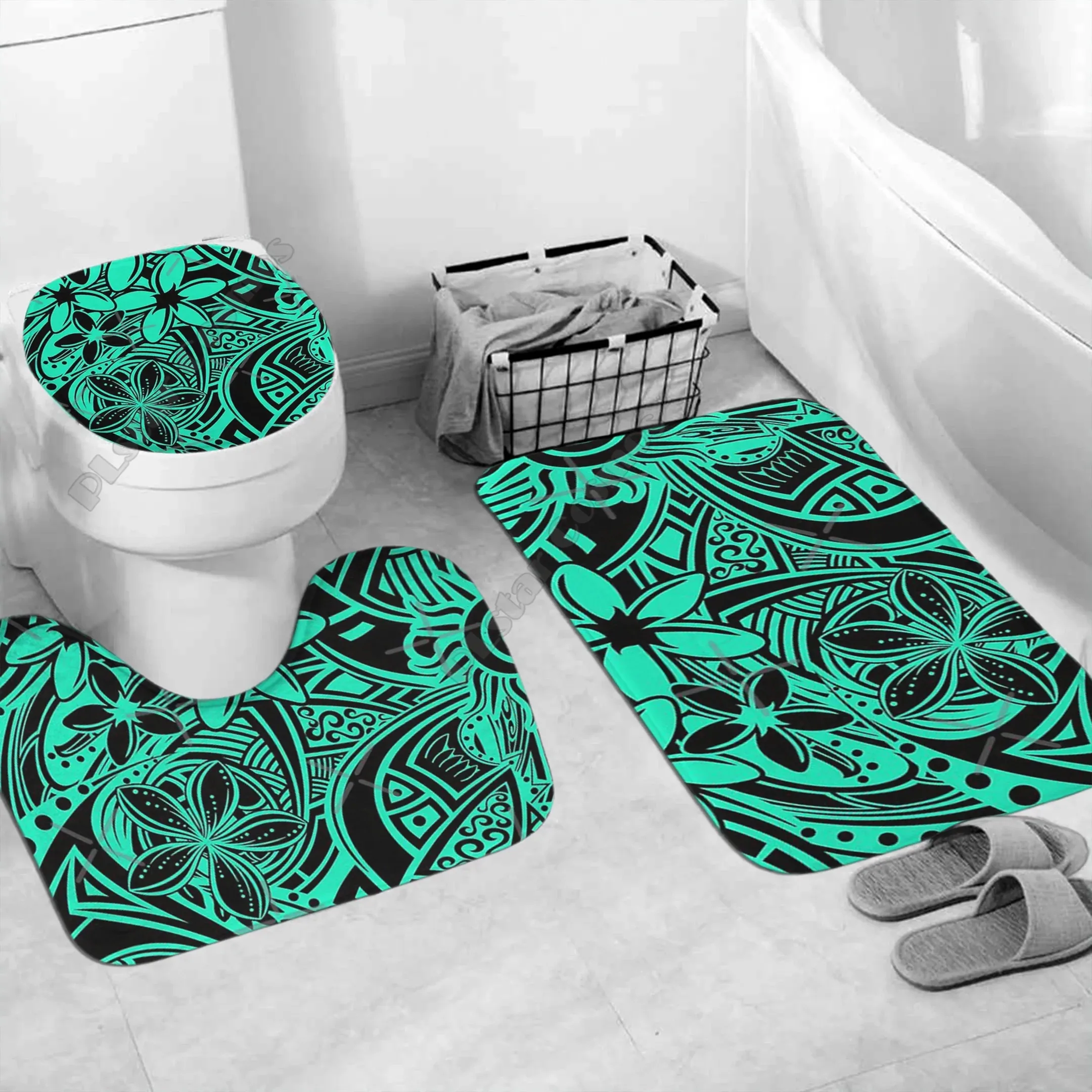 Bula Fiji Bathroom Set Masi Tapa Patterns Style Three-piece set 3D printed Bathroom Pedestal Rug Lid Toilet Cover Bath Mat Set