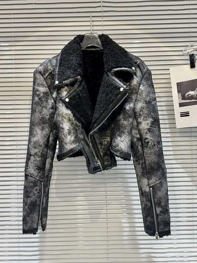 DEAT Vintage Women's Tie Dye Fur Turn-down Collar PU Leather Coat 2024 Winter Fashion Long Sleeves Zipper Jacket Female 11XX6973