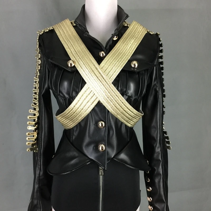 

Stage Costumes for Singers Dance Clothes Dj Service Leather Military Roupa Feminina Rhinestone Bodysuit 2 Pcs/Set