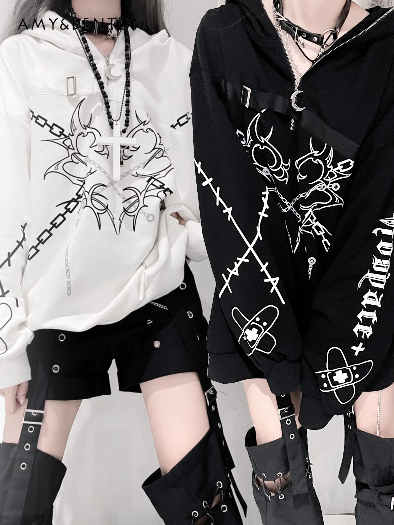 

Japanese Harajuku Goth Print Lace-up Hoodies Women Autumn Street Punk Loose K Pop Clothes Zip Up Anime Hoodie Couple Clothes