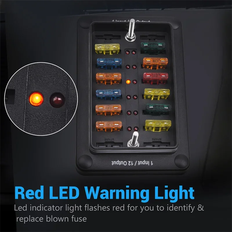MICTUNING Car Fuse Box 1 Input 12 Output Block Holder Distribution Panel Board Waterproof Protection Cover Sticker Labels Tools