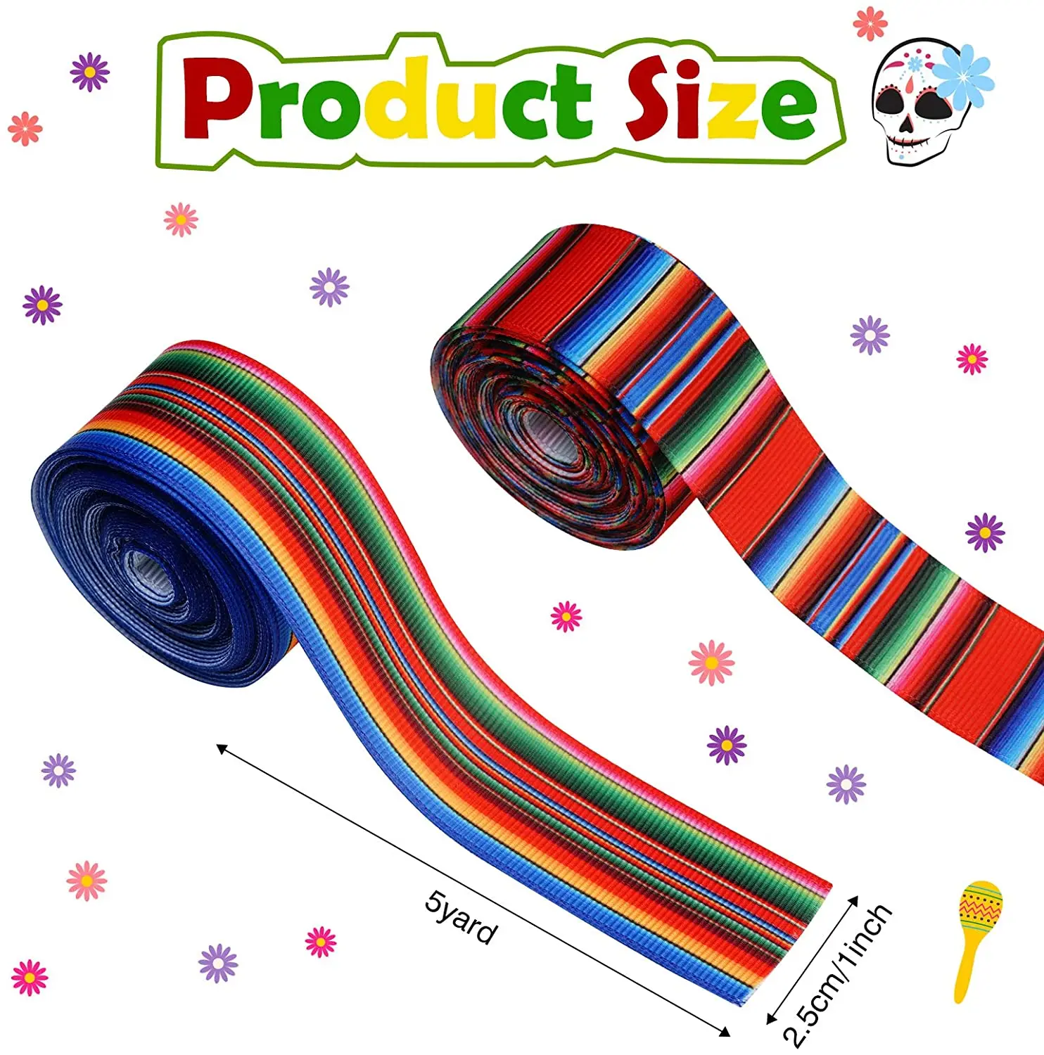Ribbon Decoration Ribbon Supplies Grosgrain Ribbon 5 Yards/Roll 25 63mm Mexican Serape Rainbow Stripes Grosgrain Ribbon for Hair Bow Making Supplies Holiday Party Decoration