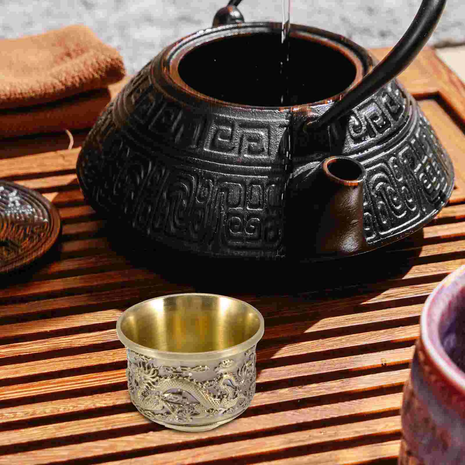Zinc Alloy Bronze Dragon Phoenix Tea Cups Vintage Chinese Style Retro Teacup Reusable Drinkware Glass Kitchen Bar Home
