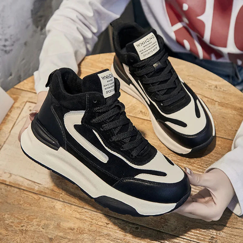 2024 Early Spring New Genuine Leather High Top Dad Shoes Women's Thick Sole Color Blocking and Velvet Lacing Casual Sports Shoes Instagram Trendy_voghion.com