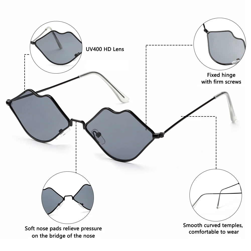 Chic Red Lips Retro Metal Frame Sunglasses