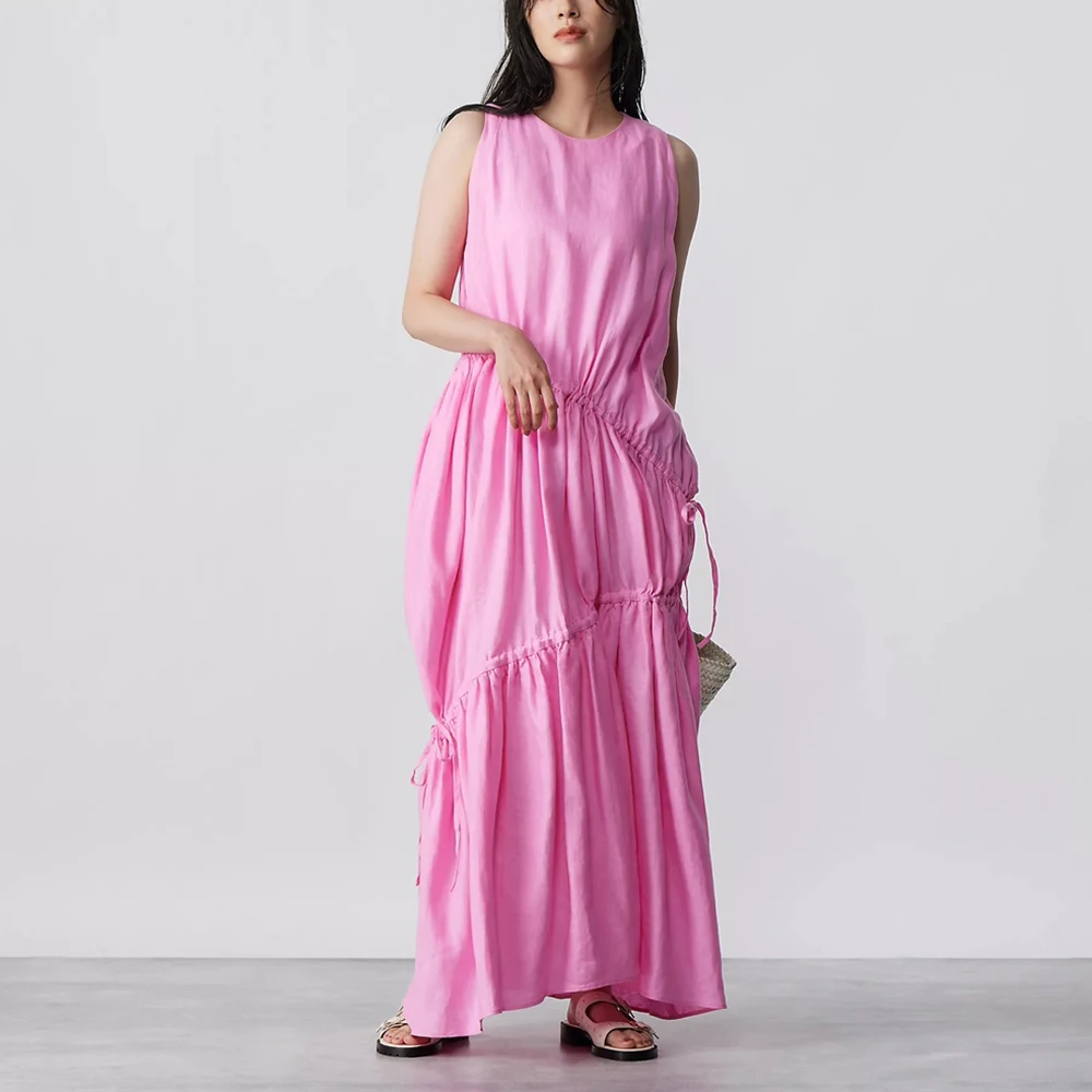 

Drawstring Pleated Cotton Women's Dress Y2k Simple Temperament Commuter Round Neck Sleeveless Long Dress 2024 Summer New
