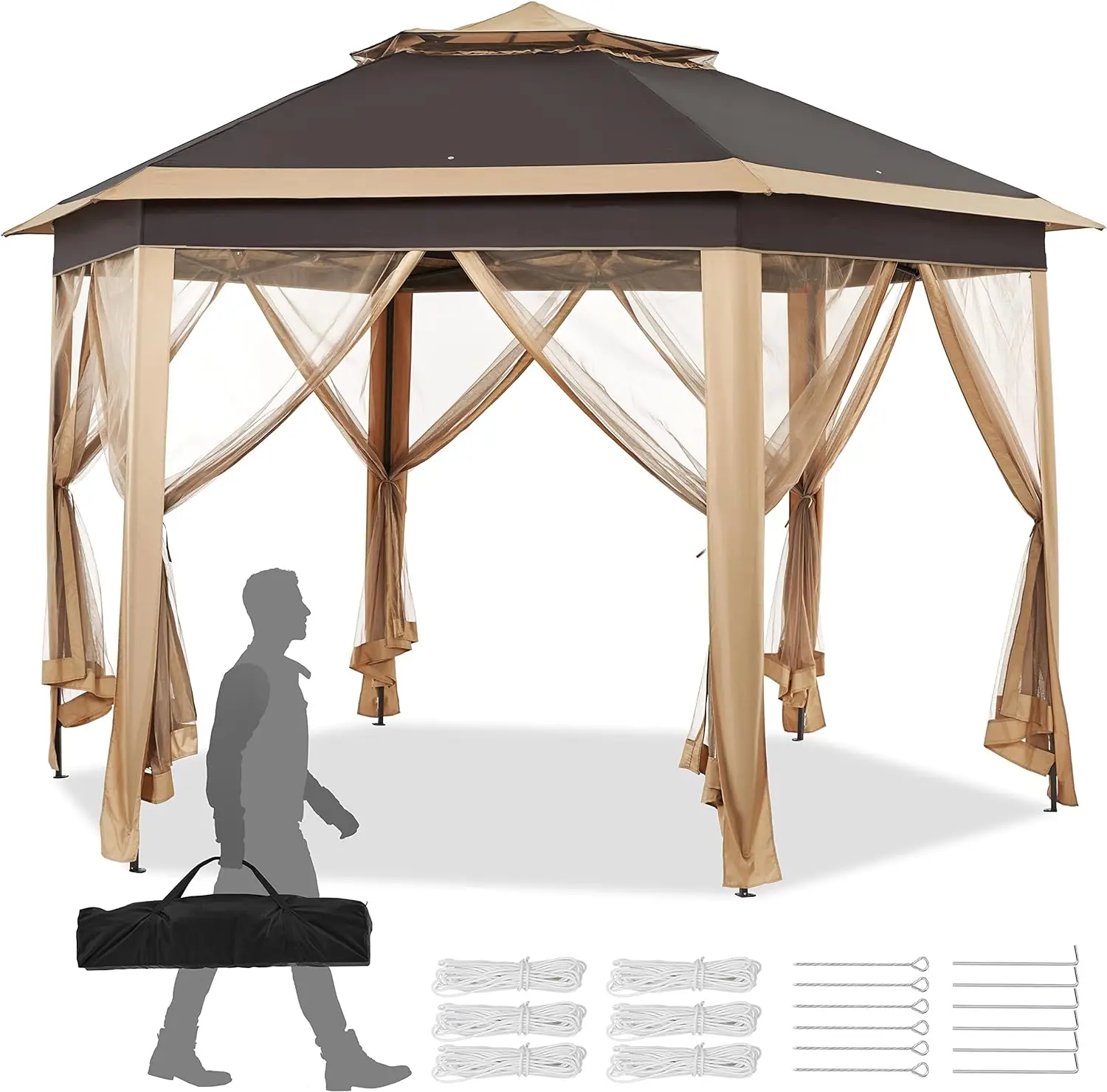 

Hexagonal Pop Up Canopy Outdoor Garden Canopy Patio Canopy Gazebo 2-Tier Roof Event Tent with Netting - Khaki/Brown
