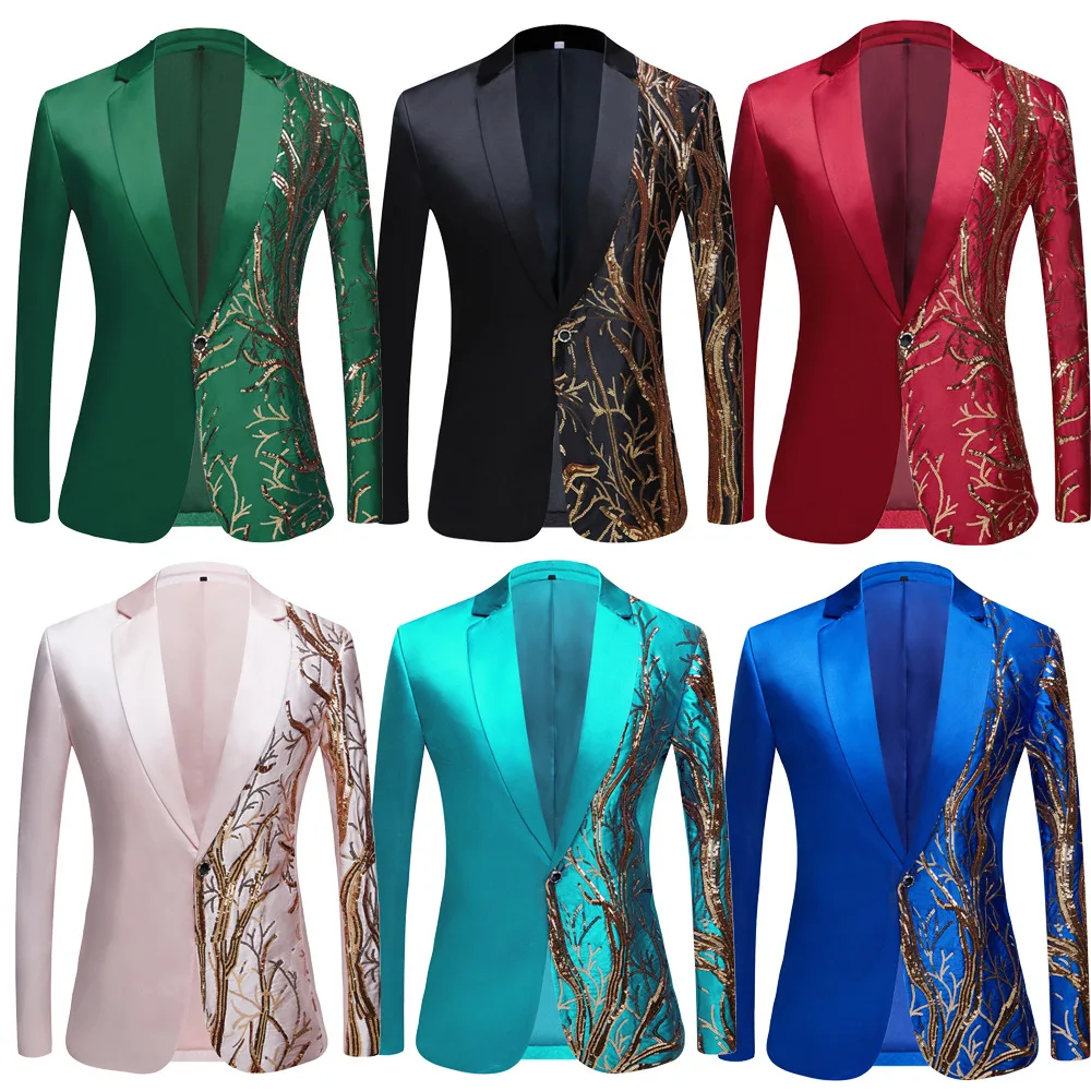 

Male Singer Host Stage Sequins Suit Jackets Embroidery Sequined Blazer Single Button Shawl Lapel Slim Fit Tuxedo Coat Plus Size