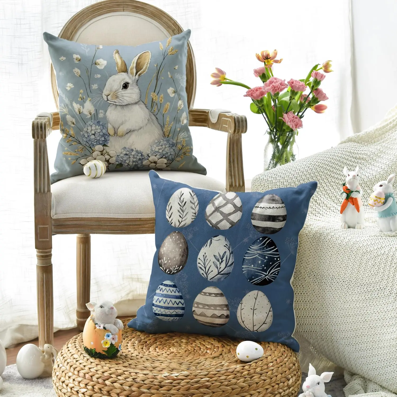 Easter Bunny Easter Egg Hydrangea blue pillow case, 18 x 18 inch eucalyptus leaf cotton cushion cover sofa decoration set of 4 4