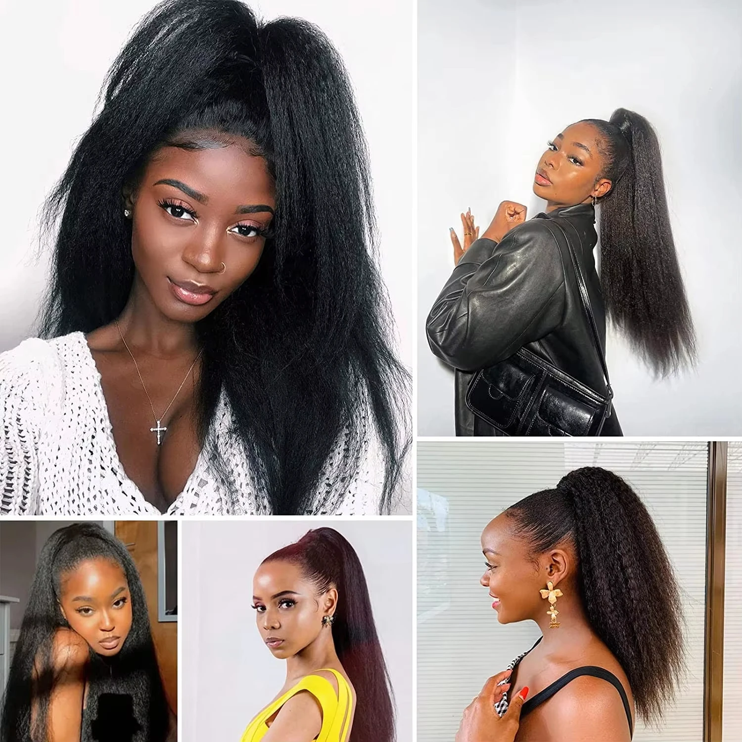 곱슬머리 스트레이트 포니테일 붙임머리 인모 드로스트링 야키 스트레이트 포니테일 붙임머리 여성용 자연스러운 헤어피스