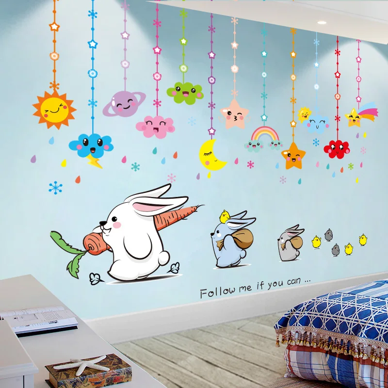 

Cartoon Rabbits Animal Wall Sticker DIY Clouds Stars Wall Decals for Kids Bedroom Baby Room Kindergarten Nursery Home Decoration