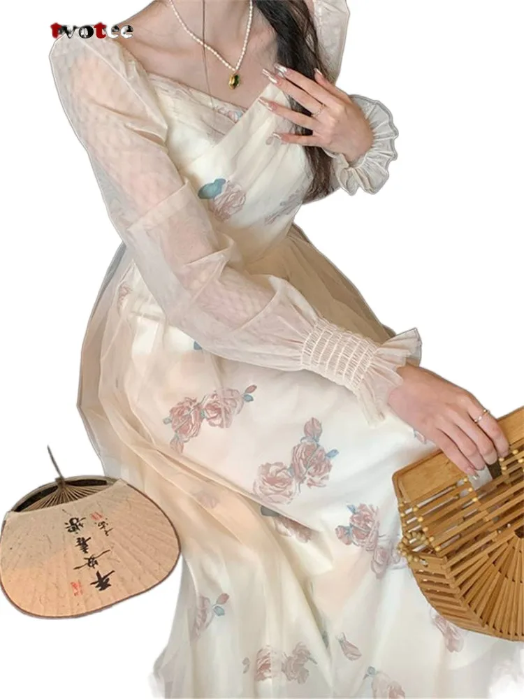 

A Print Dress for Women 2023 New Fashion Spring Chinese Style Vintage Long Sleeve V Neck Dress Fairycore Mesh Midi Dress