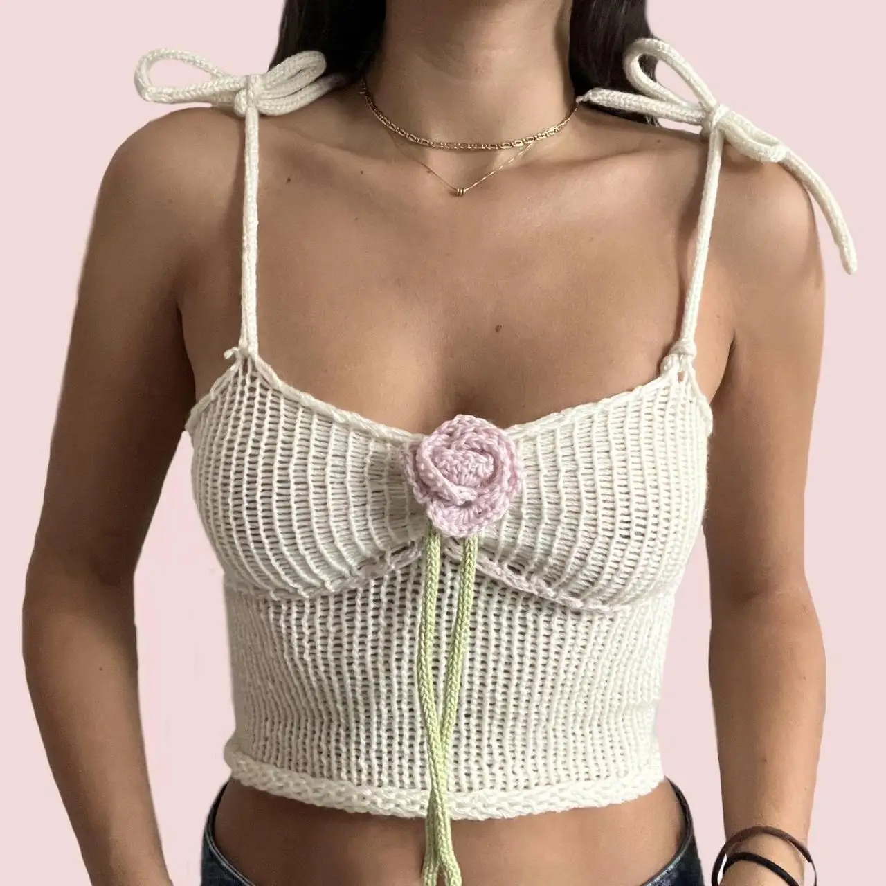 

Women's Summer Going Out Tops Beige Sleeveless Knit Tank Tops Rose Decor Crop Tops