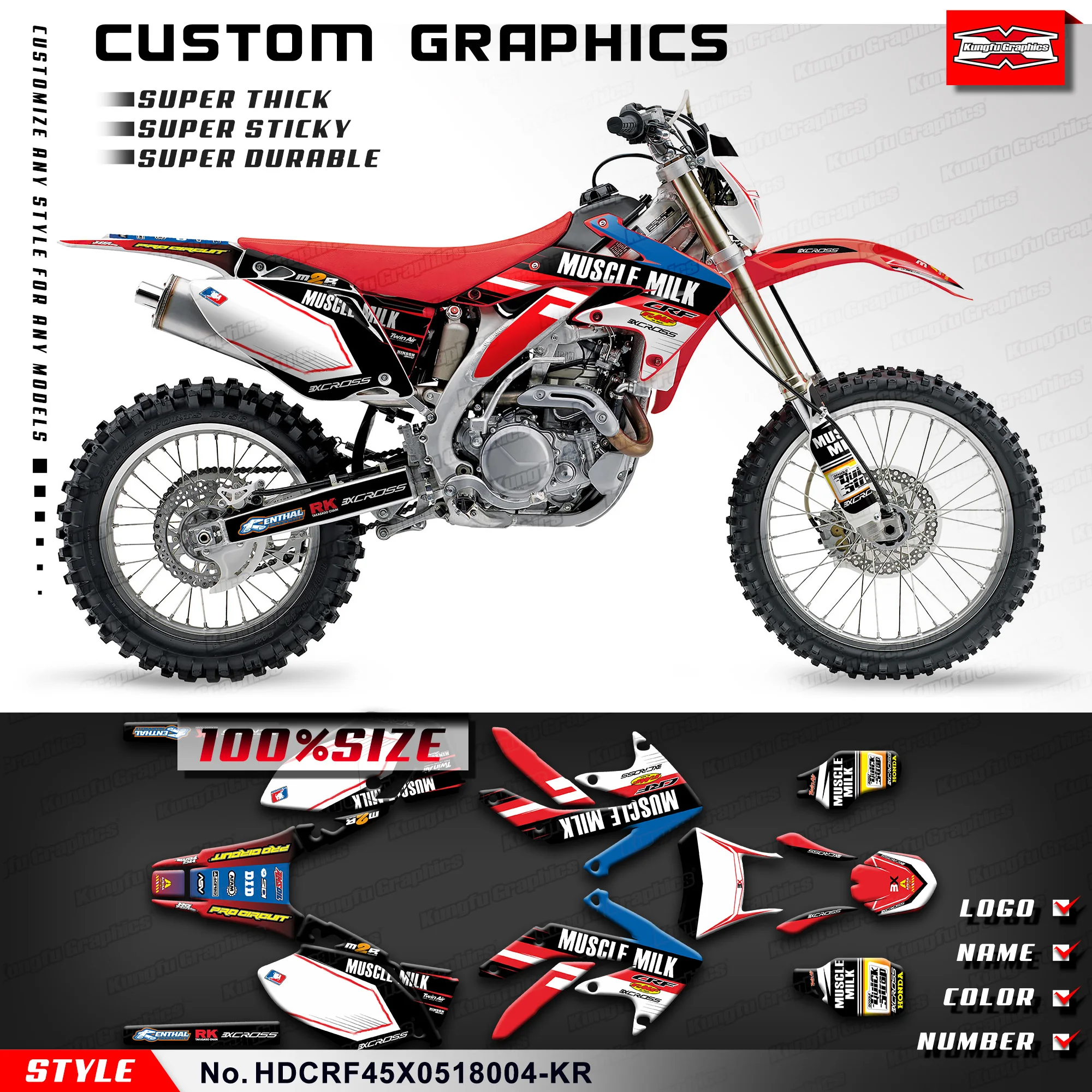 

KUNGFU графика мотоцикла прочный винил для Honda CRF450X 2005-2018, HDCRF45X0518004-KR