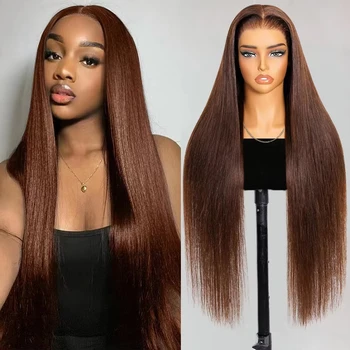 Peluca lisa marrón chocolate de cabello humano con encaje HD 13x6 1