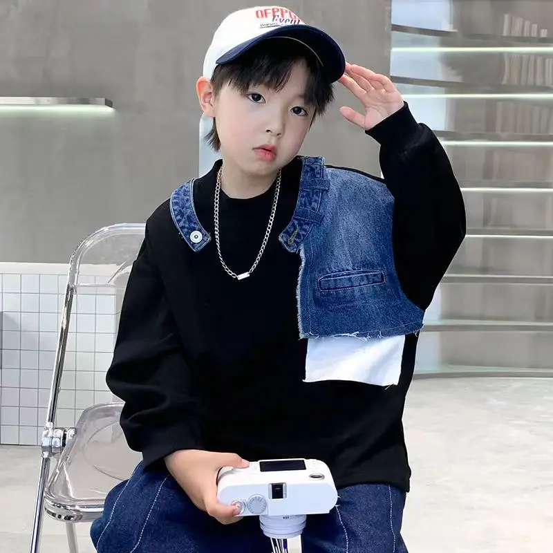 

New Fashion splice Boys Sweatshirt Cotton Kids 2023 New Clothing Long Sleeve Korean Casual Style Pullover Tops 5-14T