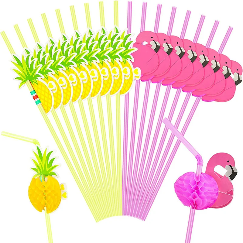 Description Picture 4 of item50Pcs Flamingo Plastic Drinking Straws Tropical Pineapple Juice Cocktail Disposable Juice Straws Hawaii Party Wedding Decoration