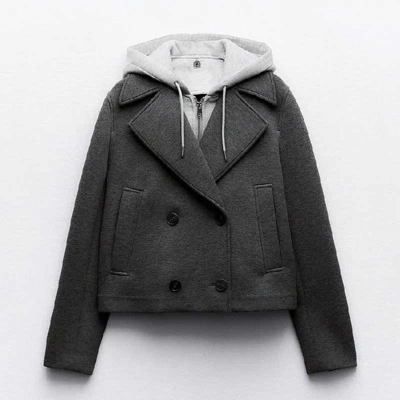 PB&ZA Women's 2024 Spring New Women's Two-Color Hooded Spliced Short Jacket Top 8073055