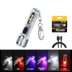 Compact USB Rechargeable Keychain Flashlight - Powerful Outdoor Torch with COB LED, Emergency Red and Blue Light, and Magnetic Tail (Transparent)