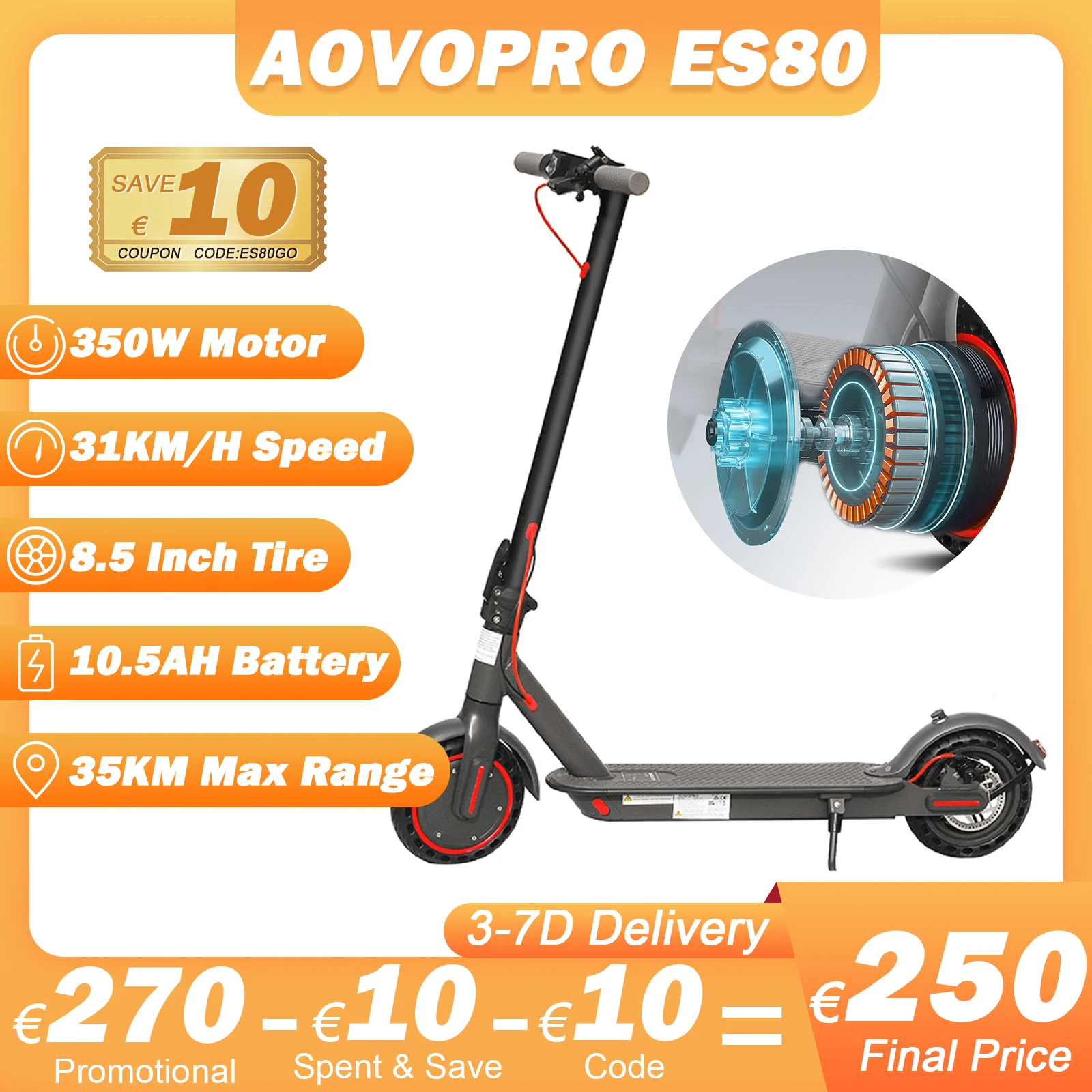 AOVOPRO-patinete eléctrico ES80 para adultos, Scooter plegable con Motor de 350W, batería de 10,5 Ah, 31 KM/H, velocidad máxima de 35KM, superrango, 8,5 pulgadas