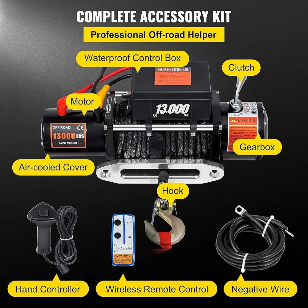 Electric Winch 13000lb Load Truck Winch Compatible with Jeep Truck SUV Synthetic Rope 12V Power with Wireless Remote