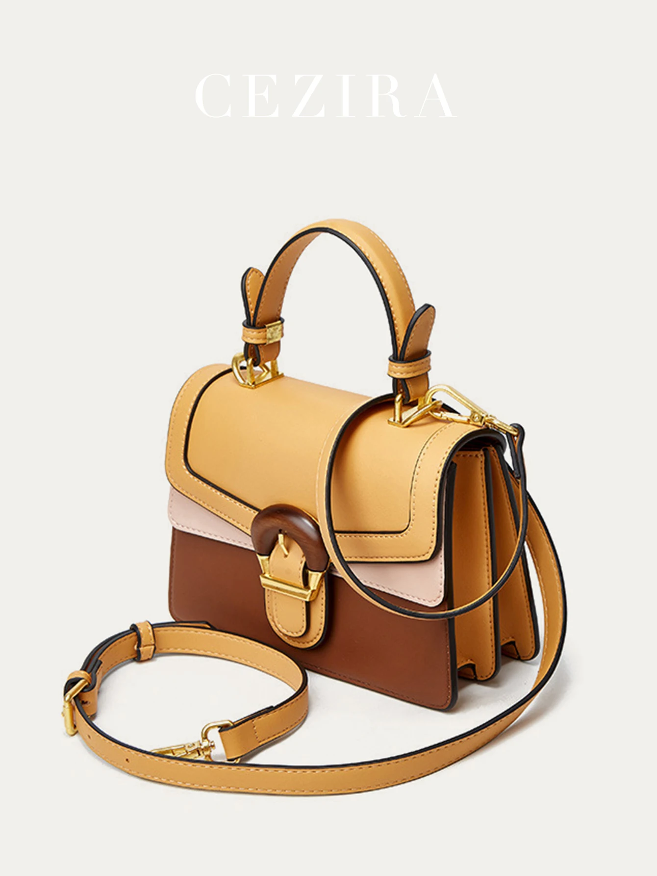 CEZIRA Contrast Color Top-handle Bag PU Leather French Style Women Flap Purse Square Multi Pockets Cross Body Shoulder Handbag