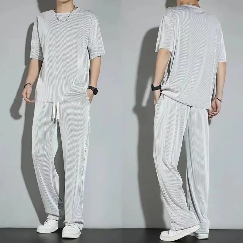 Summer Thin Ice Shreds Men's Short Sleeve Set 2024 New Korean Fashion Casual Pants and T-shirts Men's Sports Set Men Clothing