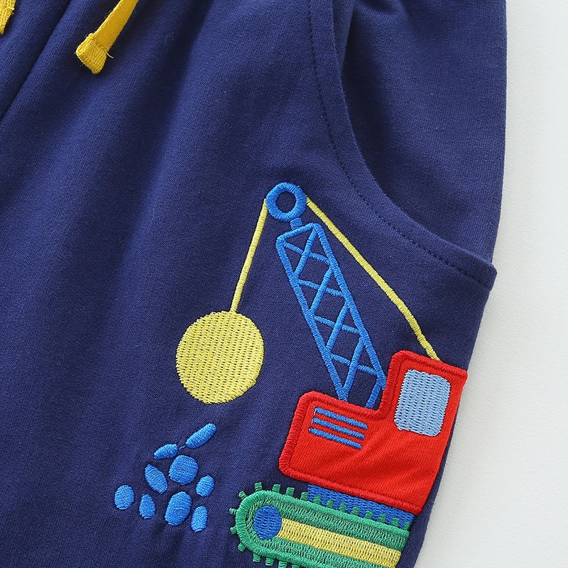 Summer Boys Cartoon Shorts Embroidery Engineering Vehicle Knitting Cotton Casual Breathable Elastic Waist Pocket Pants boys shorts