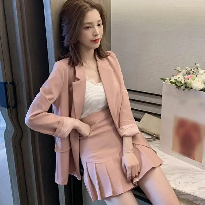 Casual Women Sweet 2 Pieces Pink Office Blazer Top and Pleated Skirt Suits Soild Work Mini Skirt Sets Spring Female Suits 2021