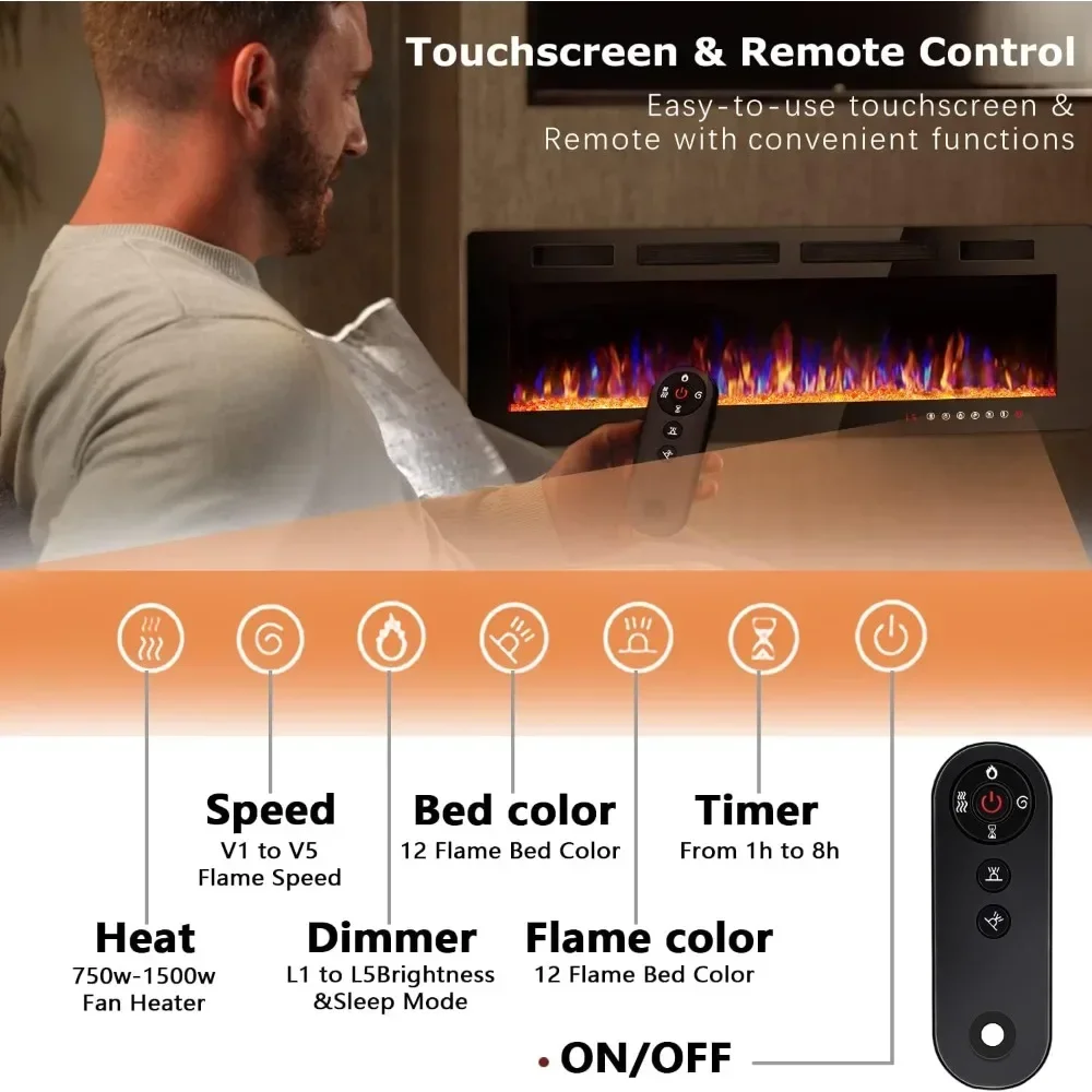 72 inch ultra-thin electric fireplace in-wall recessed and wall mounted fireplace heater,linear fireplace with multicolor flame