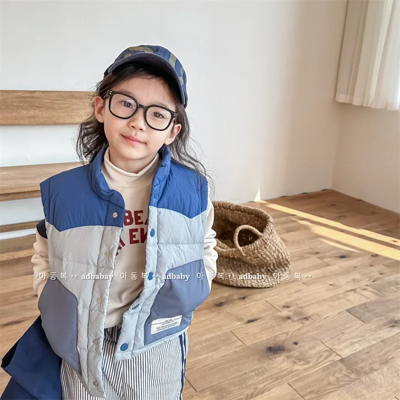 

Down Childrens Clothing Autumn Winter Korean New Vest Boys Girls Button Warm Splicing Sleeveless Pocket 2023 Simple