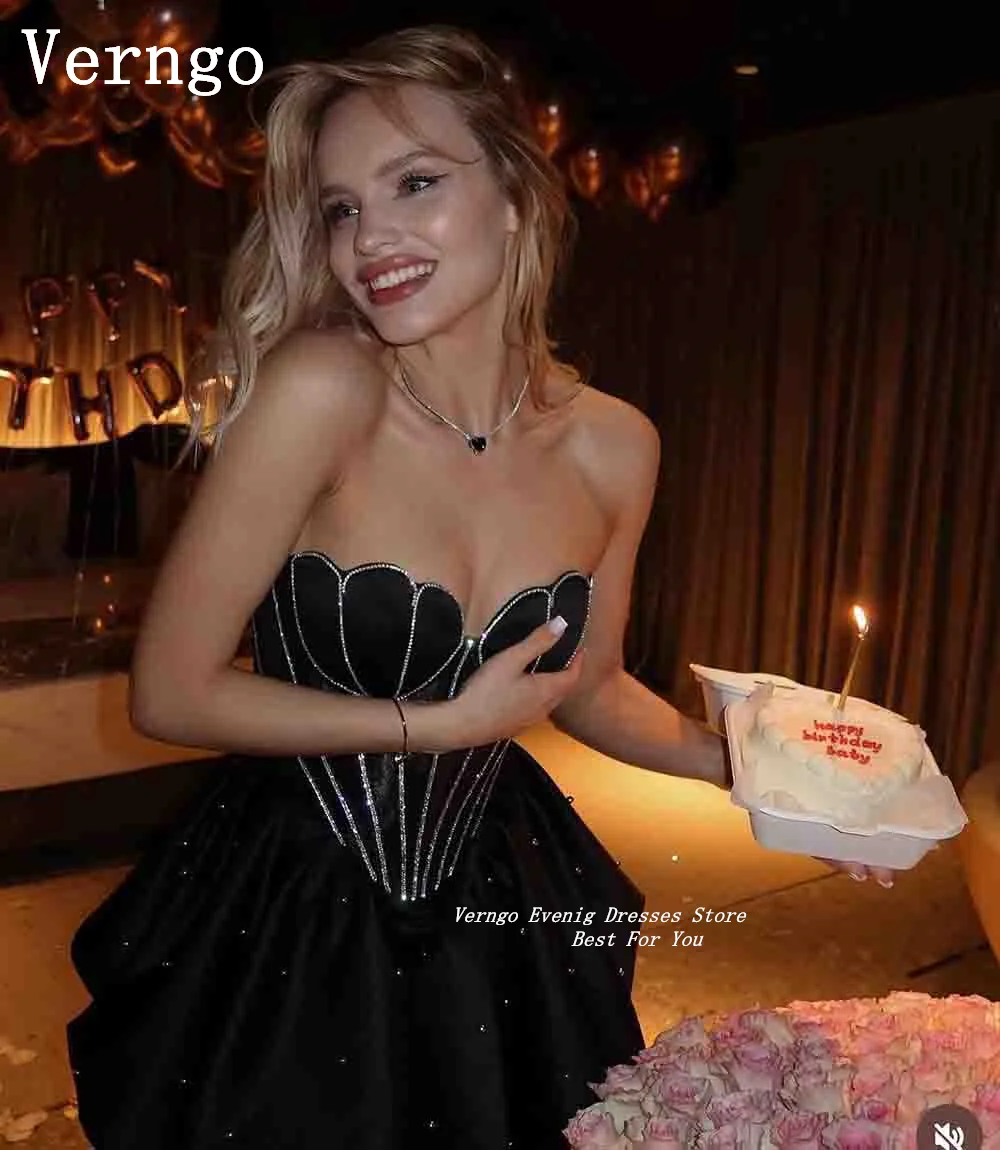 

Verngo Black Satin Mini Prom Gowns Sequined Sweetheart Bone Short Birthday Party Dress Sexy Formal Occasion Dress For Women