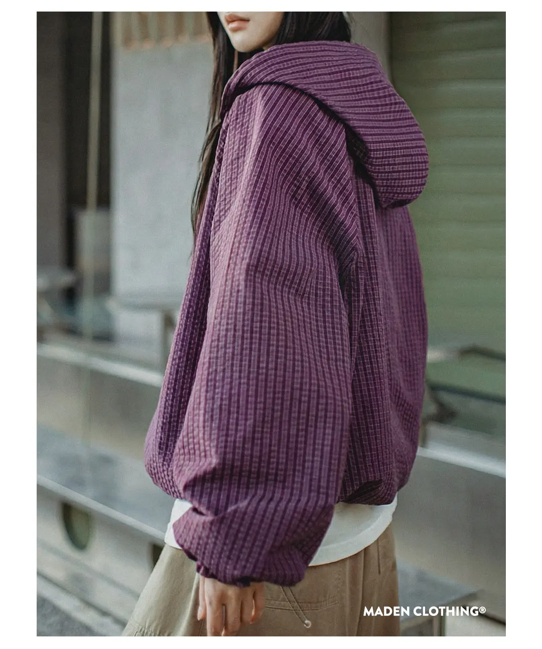 Maden Women's Oversized Half Zip Hoodie Utility Sports Sweatshirt Purple Plaid Lightweight Long Sleeve Pullover For Spring