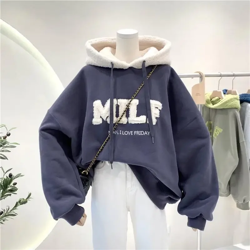 Letter Embroidered Sweatshirt Patchwork Oversize Women Winter Casual Loose Cotton Thick Plus Velvet Long Sleeve Green Hoodies
